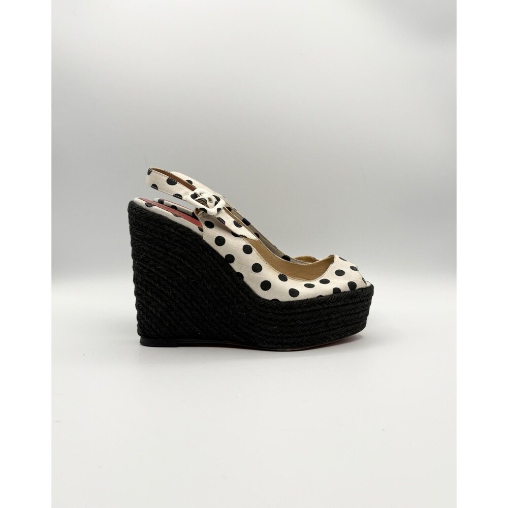 Christian Louboutin Black & White Polka Dot Canvas Espadrille Wedges Size EU 37